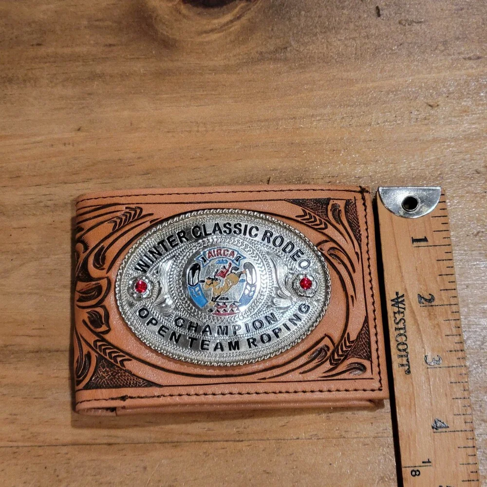 Rodeo Champion Buckle Leather Wallet Hand Tooled Western Team Roping AIRCA